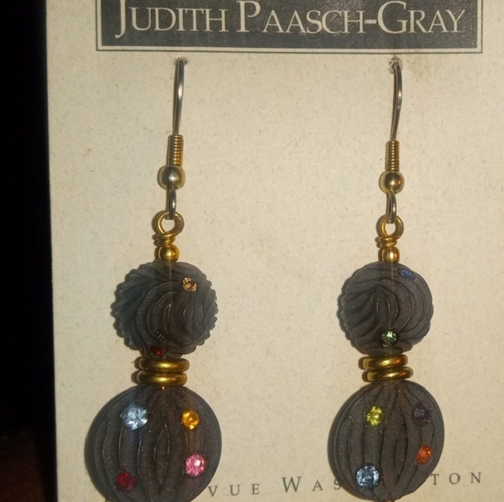Matte Black and Gold Dangly Earrings W/ Multi-colored Shimmery Crystal Details